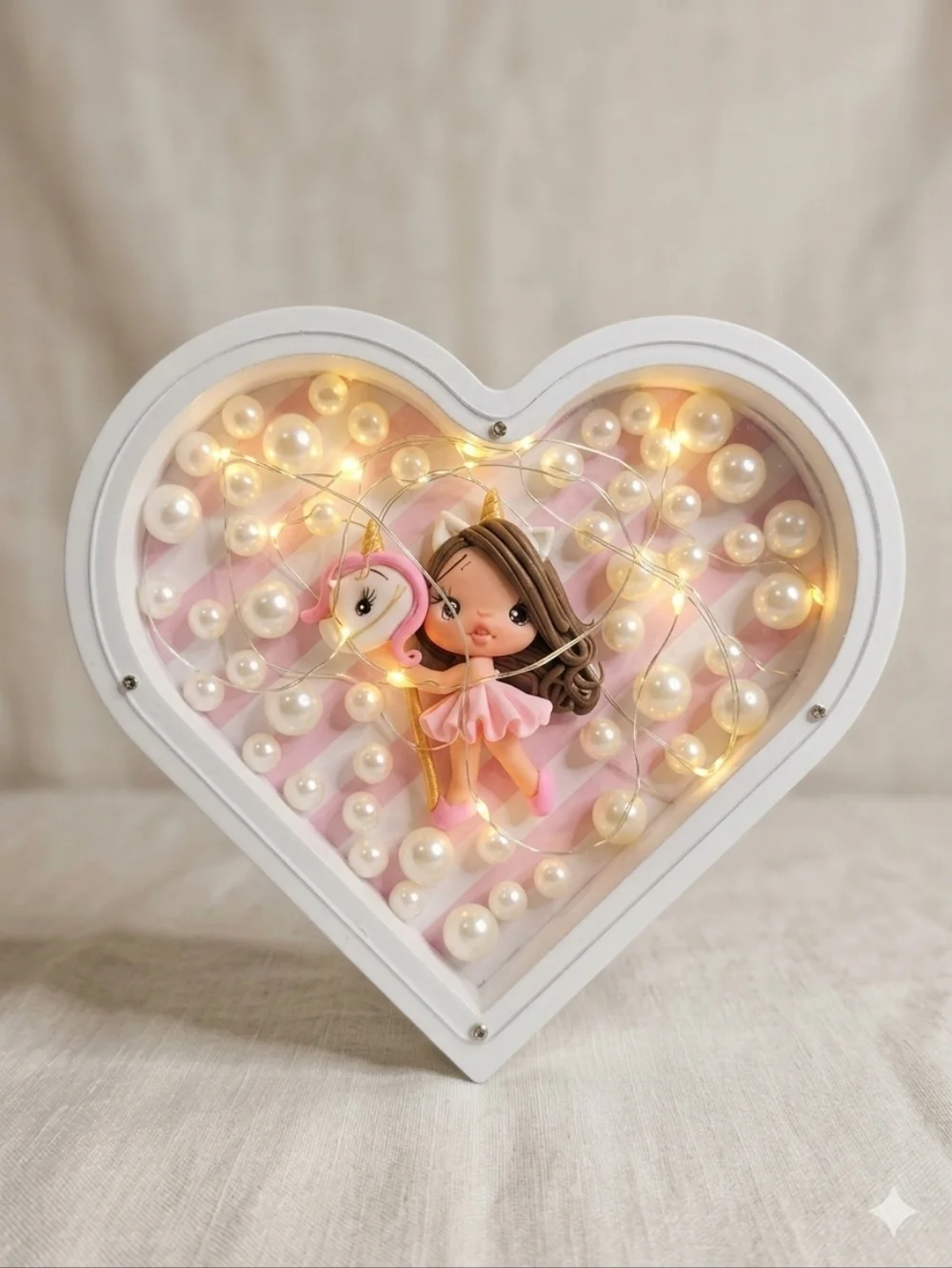 Handmade Clay Doll Unicorn Charm Gift Set - Pink Pearl Heart Shadow Box 2pc Set